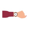 Wristwatch on the woman hand. Time on wrist watch. Checks the time. Hand with clock isolated on background. Cartoon design, vector Royalty Free Stock Photo