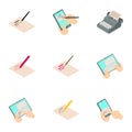 Write a book icons set, isometric style