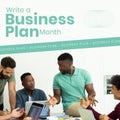 Write a business plan month text and circles over multiracial coworkers discussing in meeting room Royalty Free Stock Photo