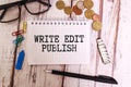 write edit publish, text on white notepad paper on colorful background. Royalty Free Stock Photo