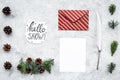 Write greetings. Envelope, paper, pen, hello snow hand lettering on grey background top view pattern Royalty Free Stock Photo