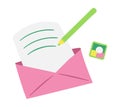 Write letter and send it in envelope. Postage stamp and pencil. Offline communication, friendly or love correspondence.