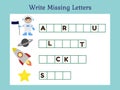 Write Missing Letters Game  for Kids. Astronaut and space. Perfect for Children Activity Royalty Free Stock Photo