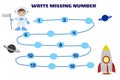 Write Missing Number Math Game For Kid. Help the Astronaut find road to Spaceship