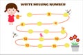 Write Missing Number Math Game For Kid. Help the Girl find road to Flower