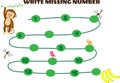 Write Missing Number Math Game For Kid. Help the Monkey find road to Banana