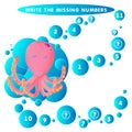 Write the missing number Octopus Devilfish. The Theme Of Mermaids vector illustration