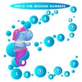 Write the missing number Unicorn seahorse. The Theme Of Mermaids vector illustration