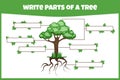 Write parts of a tree. Think and write. Learning words.