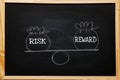 Write symbol Risk and reward bags on a basic balance scale in equal position on blackboard. risk management concept, depicts