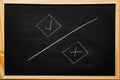 Write true and false symbols accept rejected for evaluation, Yes or No on blackboard with chalk