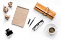 Writer acsessories. Vintage notebook, pen, crumpled paper and coffeee on white background top view mockup