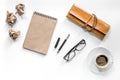 Writer acsessories. Vintage notebook, pen, crumpled paper and coffeee on white background top view mockup