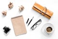 Writer acsessories. Vintage notebook, pen, crumpled paper and coffeee on white background top view mockup