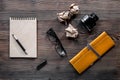 Writer acsessories. Vintage notebook, pen, crumpled paper and glasses on white background top view