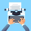 Writer author write article with typewriter. Mans hands type story for paper book or blog. Blogging and copywriting