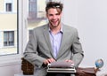 Writer or businessman wearing grey suit. Young author or editor Royalty Free Stock Photo