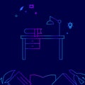 Writer Desk, Workplace Vector Line Icon, Illustration on a Dark Blue Background. Related Bottom Border
