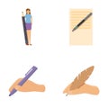 Writer icons set cartoon . Woman writing on paper sheet Royalty Free Stock Photo