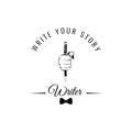 Writer s badge. Hand writing with a feather. Vintage pen, bow tie. Vector illustration. Royalty Free Stock Photo