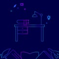 Writer`s Desk, Workplace Vector Line Icon, Illustration on a Dark Blue Background. Related Bottom Border