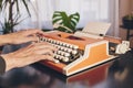 Writer`s hands on retro typewriter. Concept classic literature