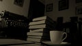Writer's study typewriter, books, coffee, night Royalty Free Stock Photo