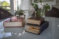 Writer`s table with books and flowers