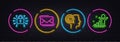 Writer, Security lock and Messenger mail minimal line icons. For web application, printing. Neon laser 3d lights Vector