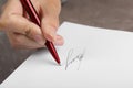 Writer signing autograph in book at table