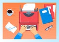 Writer working writing desk at workplace, working with papers in office, modern workspace, flat style vector