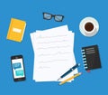 Writer workplace illustration on blue background, flat cartoon paper sheets on working table with text, pen and pe