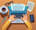 Writer writes document. Journalist create storytelling with laptop. Hands typing on computer keyboard. Story writing Royalty Free Stock Photo