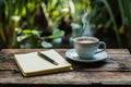 Writers inspiration coffee cup and notebook amidst tranquil nature setting