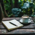 Writers inspiration coffee cup and notebook amidst tranquil nature setting