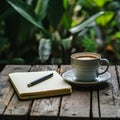 Writers inspiration coffee cup and notebook amidst tranquil nature setting