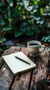 Writers inspiration coffee cup and notebook amidst tranquil nature setting