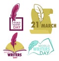 Writers and poetry day isolated icon feather and book vector