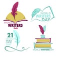 Writers and poetry day isolated icon feather and book vector