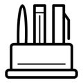 Writing accessories in a container vector icon. Black and white illustration of pens. Outline linear office icon.