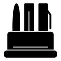 Writing accessories in a container vector icon. Black and white illustration of pens. Solid linear office icon.