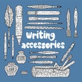 Writing accessories vector set. Doodle drawing supplies.