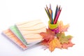 Writing-books, multi-coloured pencils and autumn leaves. Royalty Free Stock Photo