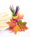 Writing-books, multi-coloured pencils and autumn leaves. Royalty Free Stock Photo