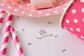 writing cake on calendar happy birthday. Royalty Free Stock Photo