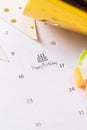 Writing cake on calendar happy birthday Royalty Free Stock Photo