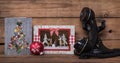 Writing or calling friends on christmas time. Wooden background