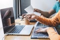 Writing codes and typing data code technology, Programmer cooperating working on web site project in a software developing on Royalty Free Stock Photo
