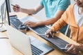 Writing codes and typing data code technology, Programmer cooperating working on web site project in a software developing on Royalty Free Stock Photo