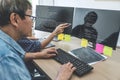 Writing codes and typing data code technology, Two professional programmer cooperating working on web site project in a software Royalty Free Stock Photo